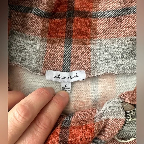 White Birch Plaid Cowl Neck Sweater Sweatshirt  Zip Detail Gray/OrangeSz L - Picture 7 of 7